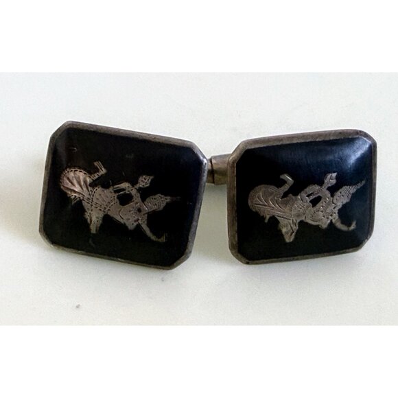 Vintage 40's Siam Sterling Niello Enamel Princess Cufflinks - Picture 6 of 10